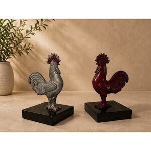 Vintage Rooster Bookends Red Silver Farmhouse French Country Kitchen Decor Heavy
